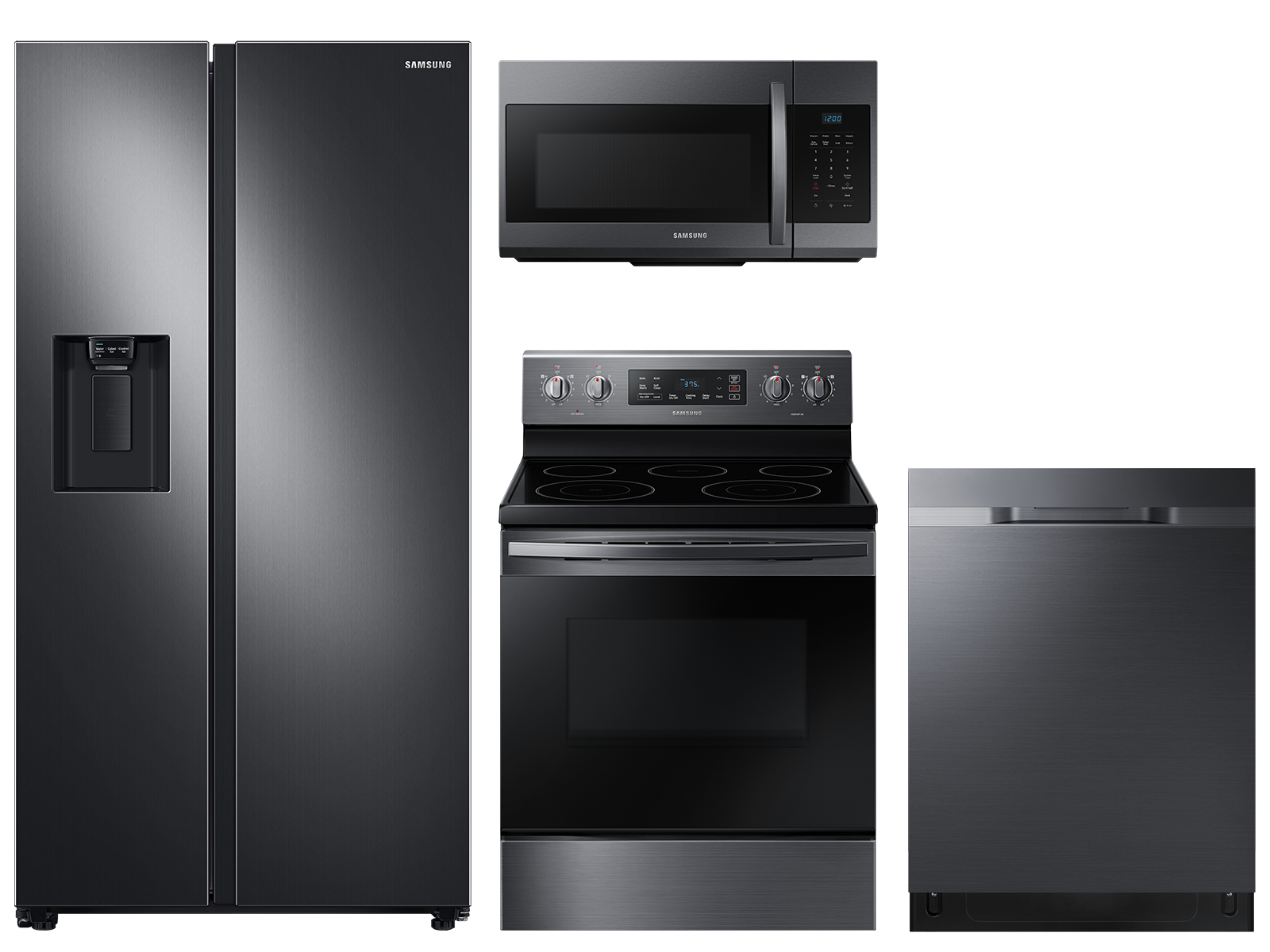 Large capacity Side-by-Side refrigerator & electric range package in black stainless