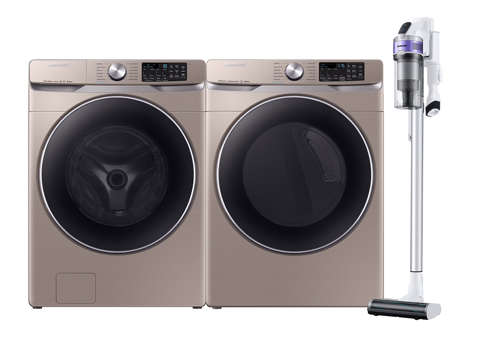 Thumbnail image of Champagne Front Load Washer & Gas Dryer Set with Jet VS70 Cordless Vacuum