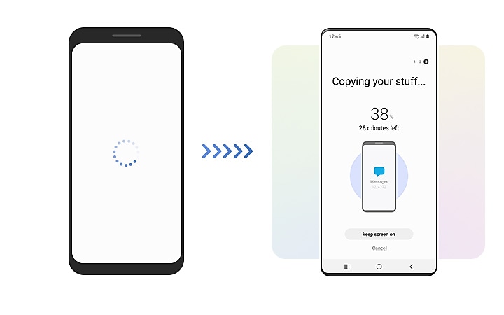 On the left, an illustration of a smartphone shows the loading symbol. Arrows directed toward the new Galaxy device on the right indicate that data is being transferred. The interface of the Galaxy device shows Smart Switch copying data from the old device, with progress indicated in percentage and minutes remaining. 