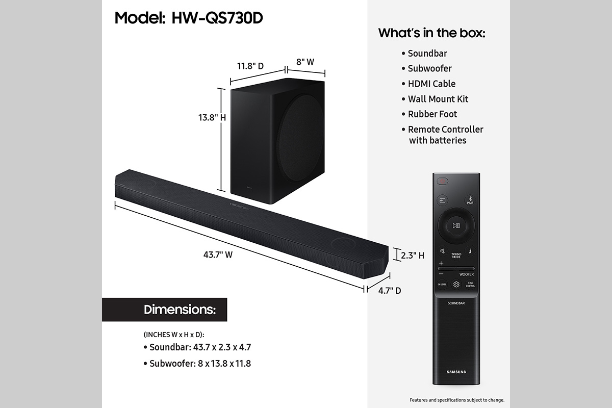 Q-series 3.1.2 ch. Wireless Dolby ATMOS Soundbar w/ Q-Symphony / HW-QS730D