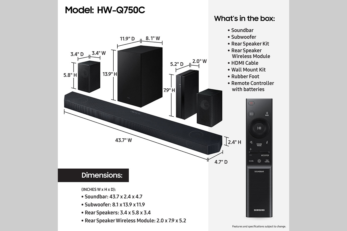 Thumbnail image of Q-series 5.1.2 ch. Wireless Dolby ATMOS Soundbar + Rear Speakers w/ Q-Symphony / HW-Q750C