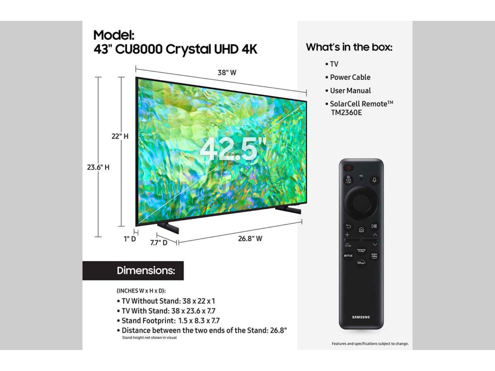  SAMSUNG UN43CU8000 - Paquete de Smart TV Crystal UHD 4K de 43  pulgadas con transmisión de películas Premiere + soporte de pared para TV  de 37 a 100 pulgadas + adaptador