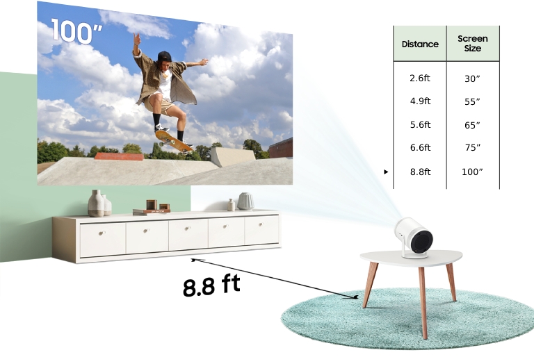 Samsung The Freestyle Projector, pantalla de hasta 100 pulgadas, Smart TV,  sonido de 360 grados (SP-LSP3BLAXZA) paquete con el estuche de transporte