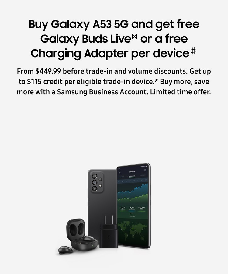 Buy Galaxy A53 5G and get free Galaxy Buds Live or a free Charging Adapter per device