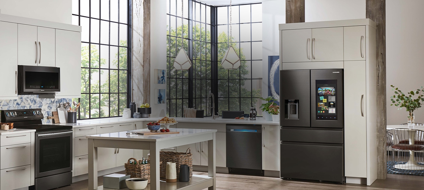 An airy, modern-looking kitchen features smart-integrated Samsung appliances. 