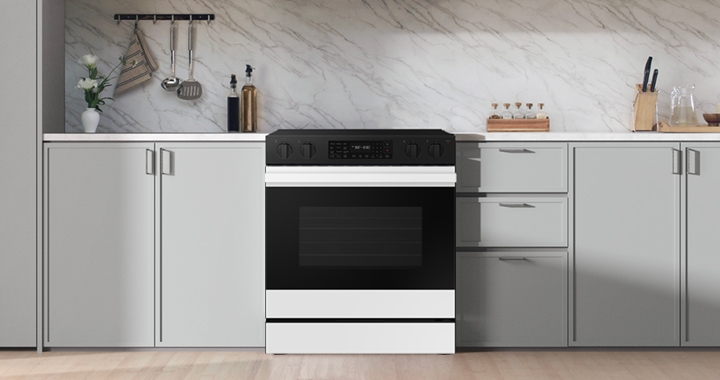 Samsung White Glass Slide-In Electric Range with Bespoke design