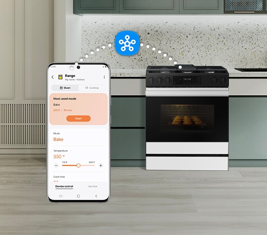 Slide-in range near a person controlling the oven from their smartphone