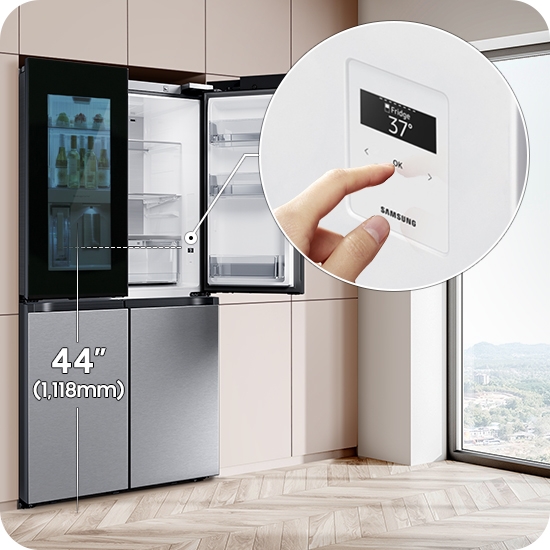 Person setting temperature on a Samsung Bespoke refrigerator