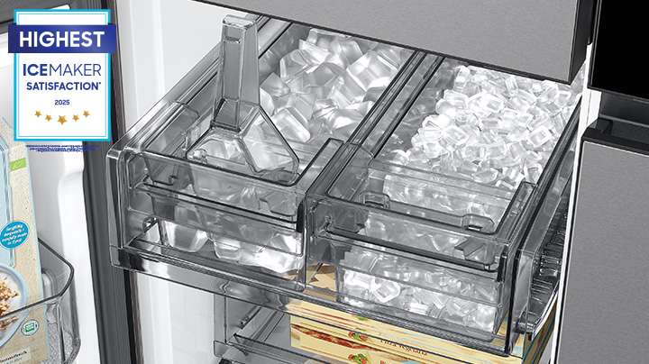 Inside Samsung Bespoke refrigerator with open dual ice maker trays
