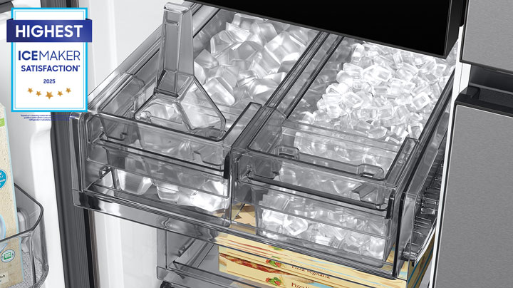 Inside Samsung Bespoke refrigerator with open dual ice maker trays