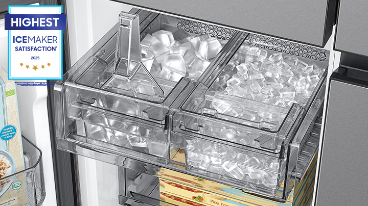 Inside Samsung Bespoke refrigerator with open dual ice maker trays