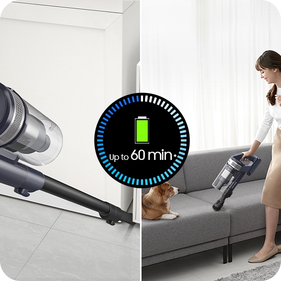 Samsung Jet™ 75 Pet removable, rechargeable battery runs up to 60 minutes