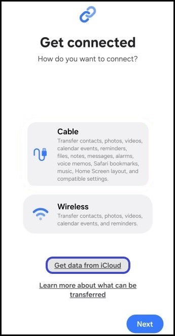 Screen shot of Smart Switch highlighting the Get data from iCloud option