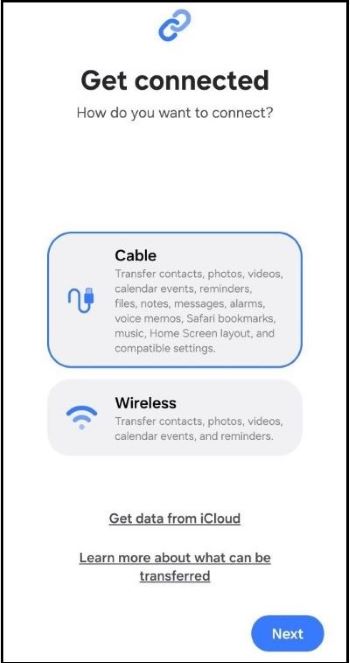 Screen shot of Smart Switch displaying the Cable transfer option
