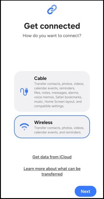 Screen shot of Smart Switch displaying the Wireless transfer option