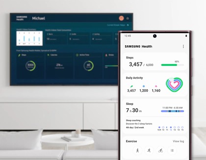 Samsung Health displayed on a Galaxy phone in front of a Samsung TV