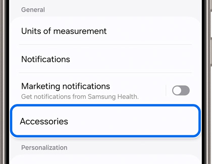 Accessories highlighted in Samsung Health settings