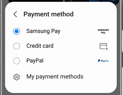 Payment method prompt with a list of payment methods