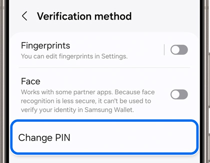 Change PIN highlighted in Verification method settings