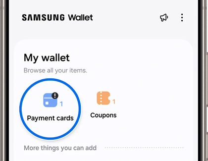 Payment cards highlighted under My wallet in the Samsung Wallet app