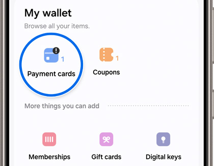 Payments cards highlighted in the Samsung Wallet app