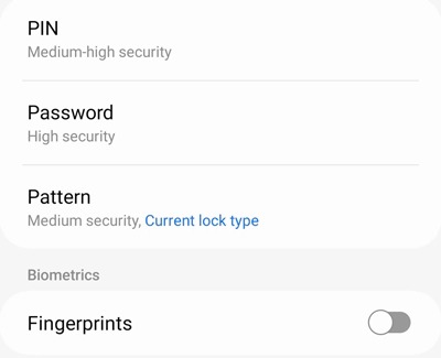 List of security methods on a Galaxy phone