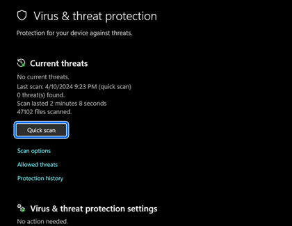Quick scan highlighted in Virus and threat protection screen on a Windows 11 PC