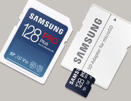 Samsung SD card, microSD card, and SD card adapter arranged side by side