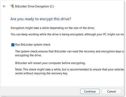 Run BitLocker system check selected and Continue highlighted 