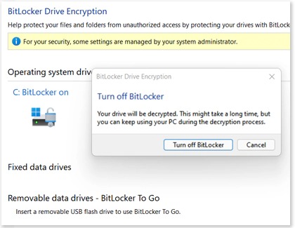 Turn off BitLocker highlighted on a Windows 11 PC