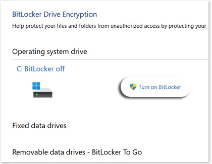 Turn on BitLocker highlighted on a Windows 11 PC 