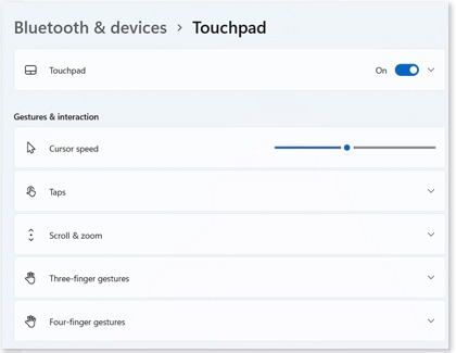 List of settings for Touchpad on a Windows 11 PC