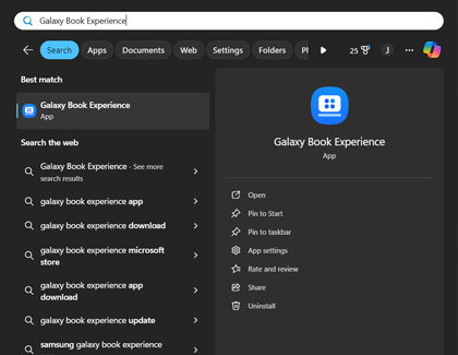Taskbar search bar highlighting the Galaxy Book Experience app