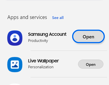 Open button highlighted next to Samsung Account