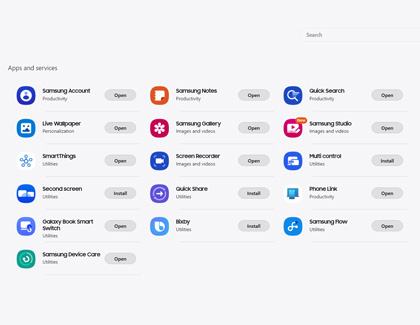 Galaxy Book Experience app displaying multiple Samsung apps and services