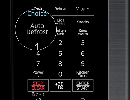 The Auto Defrost button highlighted on a microwave