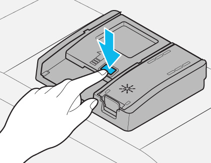 Detergent dispenser door button on a Samsung dishwasher