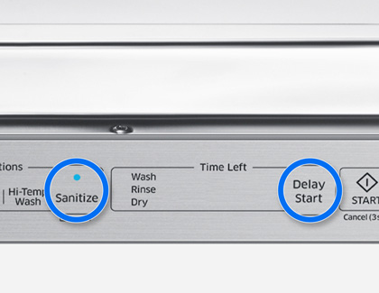 Sanitize and Delay Start buttons on a Samsung dishwasher