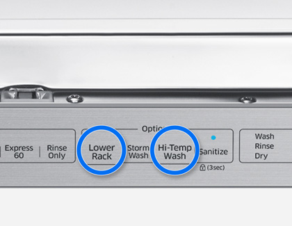 Lower Rack and Hi-Temp Wash buttons on a Samsung dishwasher