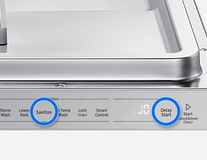 Sanitize and Delay Start buttons on a Samsung dishwasher