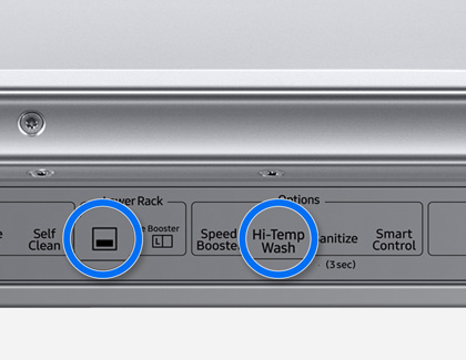 Lower and High-Temp Wash buttons on a Samsung dishwasher