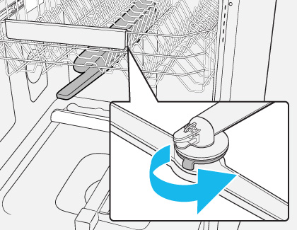Illustration showing a close-up of a dishwasher spray arm being unscrewed with an arrow indicating a counterclockwise movement