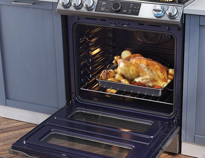 Samsung oven with a roasted turkey and the whole door open