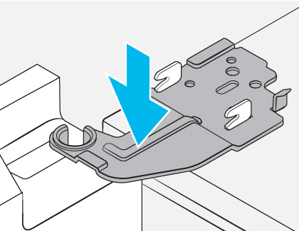 Diagram showing the corner of a fridge door with a hinge mechanism and a blue arrow indicating the downward direction to insert the hinge pin