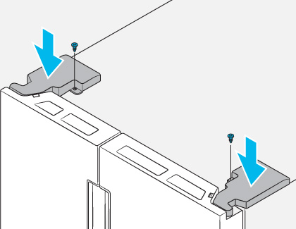 Diagram showing the top of a refrigerator with two hinges being screwed in. Blue arrows indicate the downward direction for securing the hinges