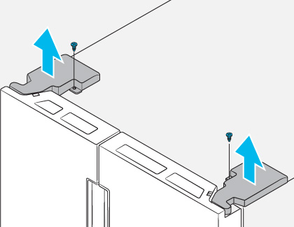 Diagram showing the top of a refrigerator with two hinges being unscrewed. Blue arrows indicate the upward direction for removing the hinges.