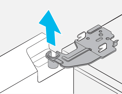 Diagram showing the corner of a fridge door with a hinge mechanism and a blue arrow indicating the upward direction to remove the hinge pin