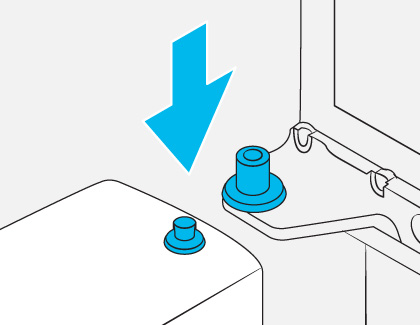 Diagram showing the top corner of a freezer door with a blue arrow indicating the downward direction to reinsert the hinge shaft