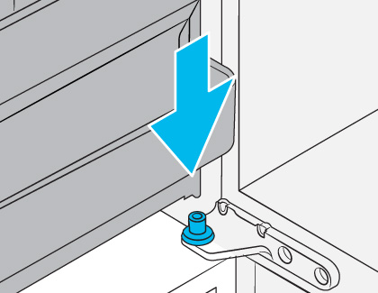 Diagram showing the corner of a fridge door with a blue arrow indicating the downward direction to reinsert the middle hinge into the hole on the bottom of the door