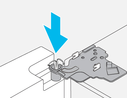 Diagram showing the corner of a fridge door with a blue arrow indicating the downward direction to run wires from the door through the hole in the hinge shaft